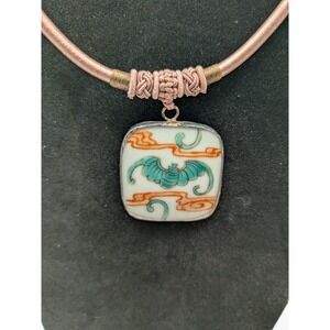 Smithsonian Hand Painted Porcelain Bat Shard Necklace Mauve Silk Jade Closure